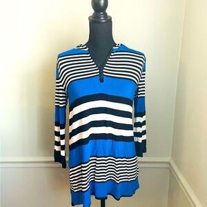 Cable & Gauge Blue Black Stripe Zipper Front 3/4 Sleeves Tunic Blouse Top Size M